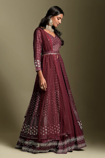 Two Sisters By Gyans Maroon Georgette Embroidered Sequin And Resham Thread Work V Anarkali Lehenga Set 