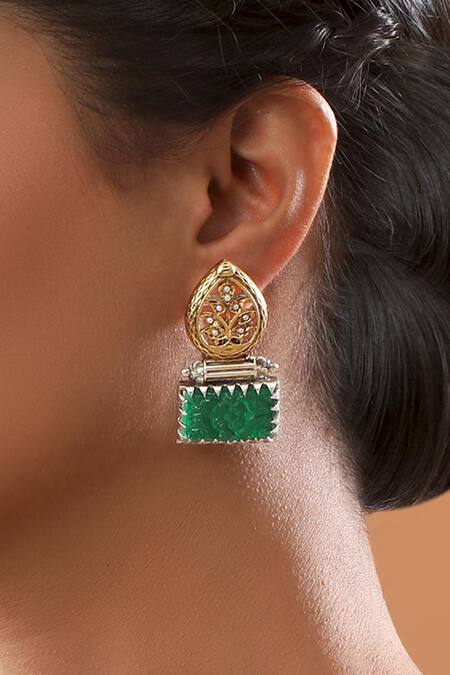 Buy Tizora Green Stone Antique Carved Earrings at Aza Fashions Buy_Tizora_Green Stone Antique Carved Earrings_at_Aza_Fashions