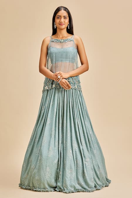 Nitika Gujral Grey Lehenga Georgette Embroidery Sequin Square Neck Top Set