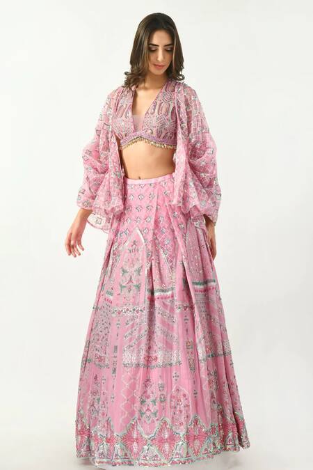 Moledro Pink Blouse Zari Chanderi Brocade, Cape Organza, Miya Embroidered Set Online at Aza Fashions Moledro_Pink Blouse Zari Chanderi Brocade, Cape Organza, Miya Embroidered Set_Online_at_Aza_Fashions