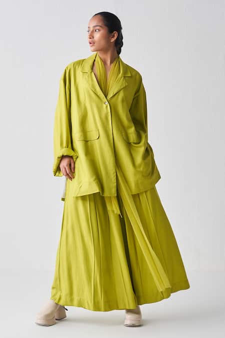 Three Green Tencel Plain Inverted Box Pleated Pant 