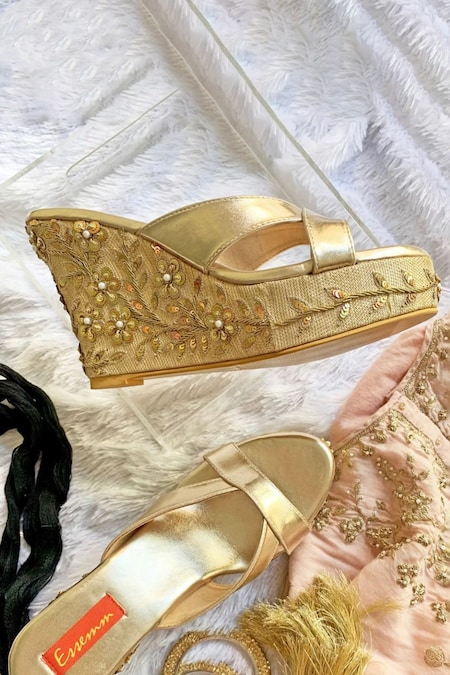 Buy Gold Embroidered Floral Wedges by Essem Online at Aza Fashions.