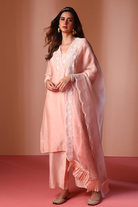 Soha by Harleen and Sona Peach Anarkali And Pant Chanderi Silk Embroidered Crystal V Floral Kurta Set 