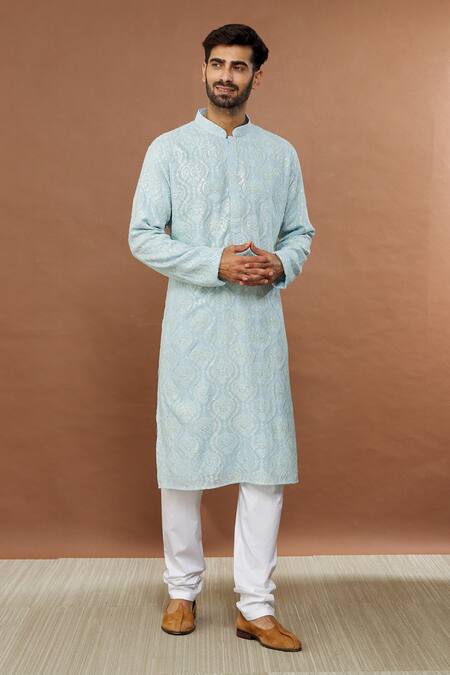 Aham-Vayam Blue Cotton Sequins Mughalkaari Embroidered Kurta And Churidar Set