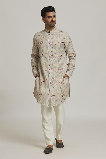 Nero by Shaifali and Satya Ivory Cotton Printed Floral Kurta And Aligadi Pant Set