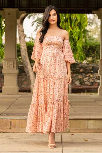 sachin and babi light blue dress Buy Peach Chiffon Printed Floral One Shoulder Off Maxi Dress For Women by  B'Infinite Online at Aza Fashions