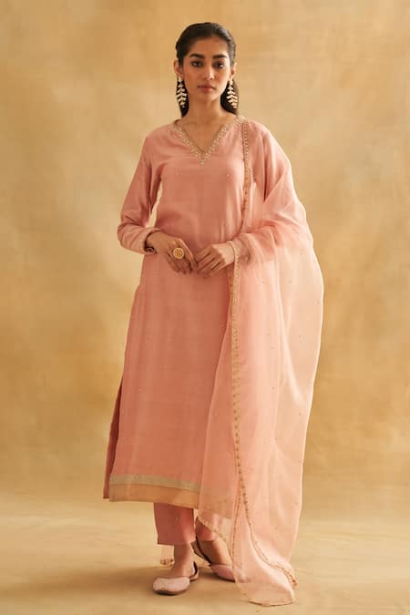 Taisha Pink Chanderi Cotton, Silk Organza Pearls Split Embellished Kurta Churidar Set 