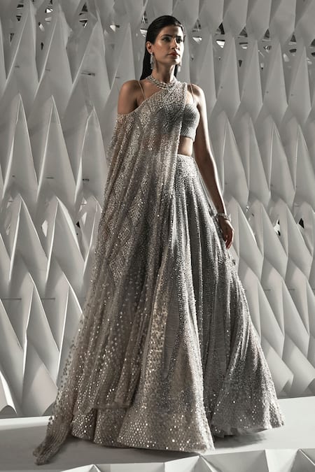 Rohit Gandhi + Rahul Khanna Purple Tulle Crystals, Sequins Clerest Embellished Blouse 