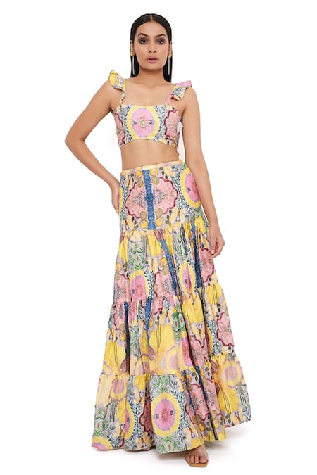 Payal Singhal Yellow Silk Enchanted Square Neck Bustier And Skirt Set