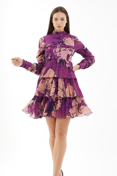 Buy Purple Chiffon Floral Round Short Layered Dress For Women by 