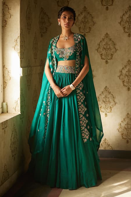 Mrunalini Rao Green Silk Embroidery, Zari Scoop Neck Floral Cape Lehenga Set 