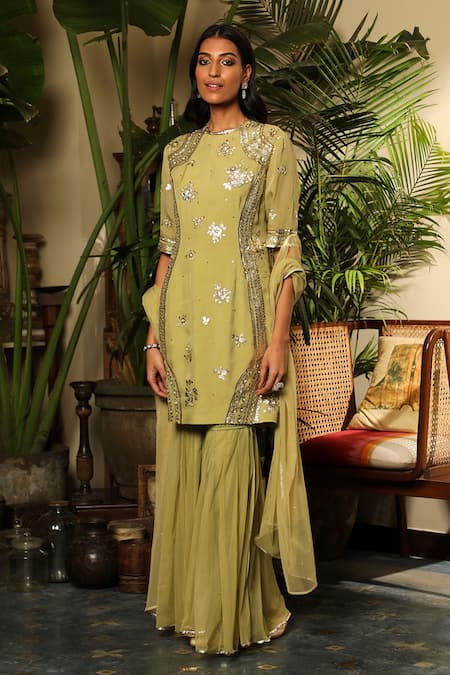 Sahil Kochhar Green Organza Net Embroidery Sequin Round Kaashvi Kurta Sharara Set  