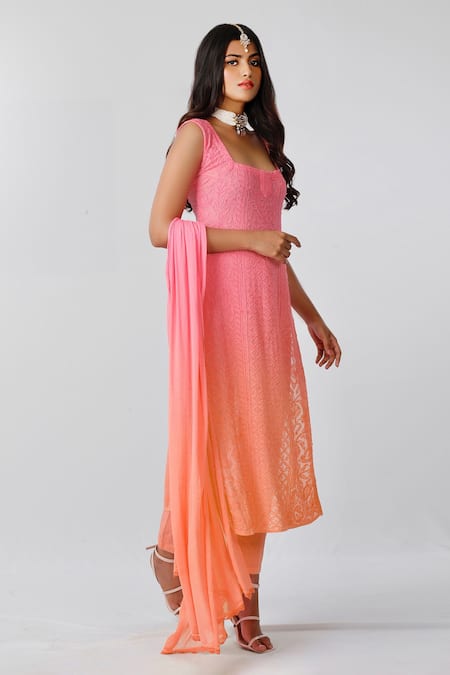 LABEL AISHWARYRIKA Pink Georgette And Chiffon Embroidered Chikankari Resham Apricot Ombre Kurta 