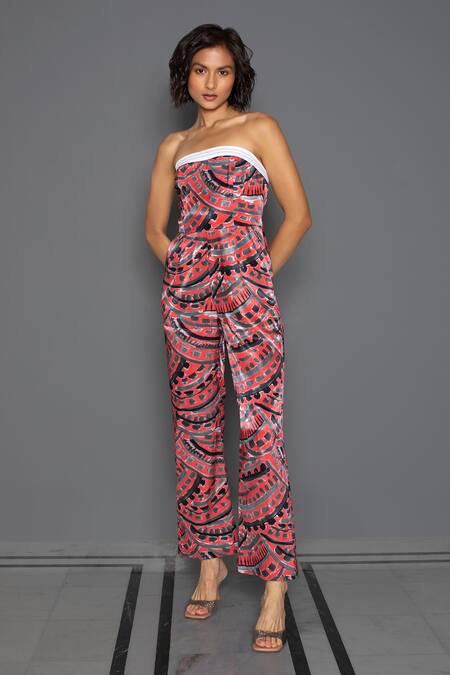 Redefine Peach Mashru Silk Straight Arch Print Tube Jumpsuit