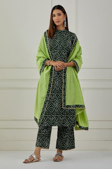 Musal Green 100% Cotton Printed Bandhani Band Collar Hariyali Kurta Pant Set