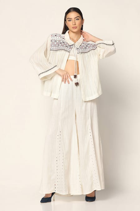 Two Sisters By Gyans White Cotton Embroidery Collared Shirt And Wide Leg Pant Set 