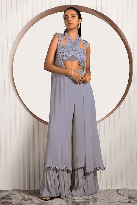 Jade By Ashima Purple Crepe Beads, Pearls Square Neck, Halter Fennel Embroidered Shrug Pant Set 