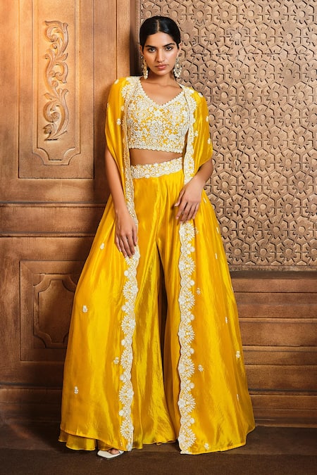 Aneesh Agarwaal Yellow Silk Organza Embroidery Sequin Jacket Scallop Border Cape Sharara Set 