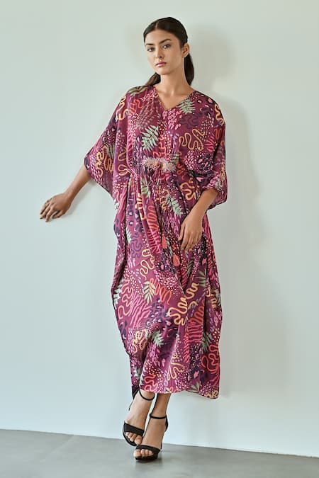 K-Anshika Wine Satin Embroidery V-neck Abstract Botanical Print Dress