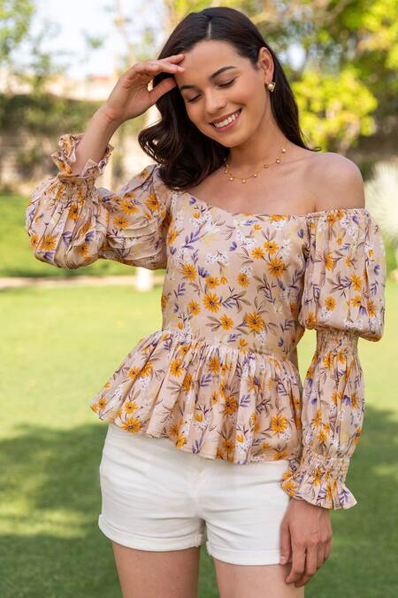 Shop_B'Infinite_Beige Rayon Floral Straight Springtime Tie-up Top_Online_at_Aza_Fashions