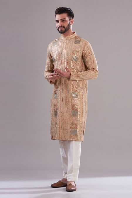 Kasbah Peach Georgette, Cotton Sequins Pastel Embroidered Kurta Set 