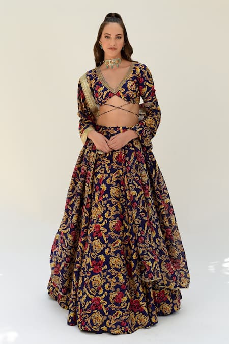 SANAM Blue Versailles Floral Pattern Blouse Lehenga Set 