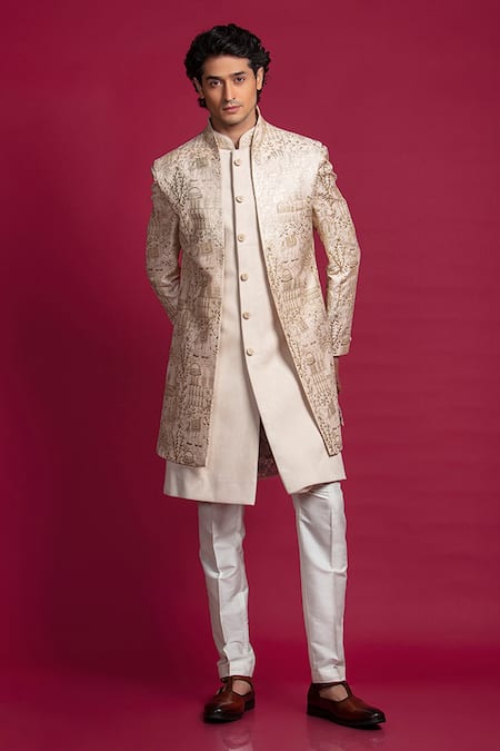 Jayesh Shah Ivory Suede Velvet Printed Abstract Front-open Sherwani Set 