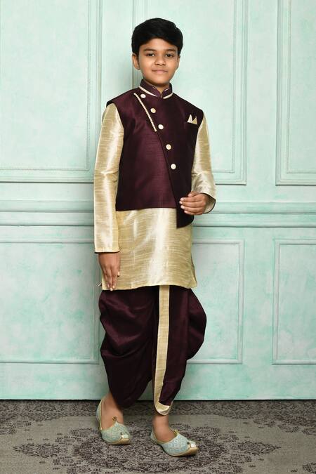 Aryavir Malhotra Wine Silk Blend Bundi And Full Sleeve Contrast Kurta Set 