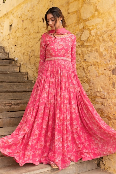 Suruchi Parakh Vintage Floral Print Anarkali With Dupatta 