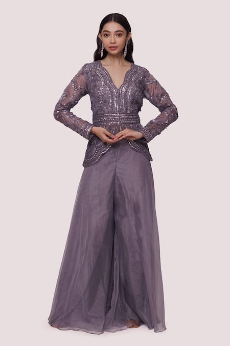 Onaya Grey Georgette Embellished Moti V Neck Kurta And Flared Pant Set 