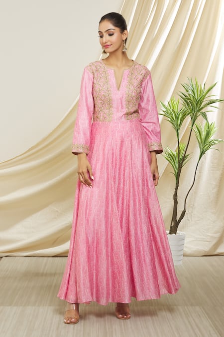 Peenacolada Pink Chanderi Zari, Embroidery Round Neck Screen Floral Print Anarkali 