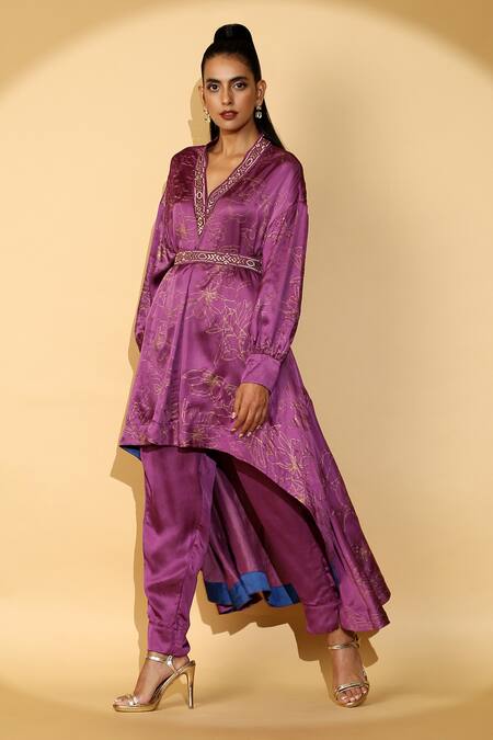 Buy Madder Much Purple 65% Cupro 35% Modal Floral V Neck Printed Kurta And Pant Set at Aza Fashions Buy_Madder Much_Purple 65% Cupro 35% Modal Floral V Neck Printed Kurta And Pant Set_at_Aza_Fashions