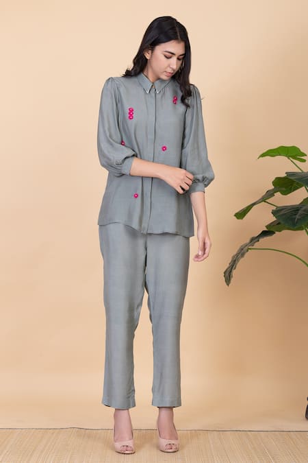 Chambray & CO. Green Silk Applique Collared Leilah Work Shirt And Pant Set