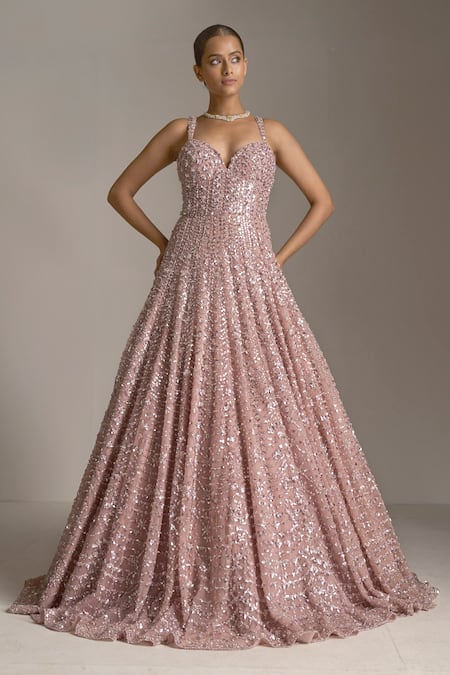 Seema Gujral Pink Net Sequins In Geometric Pattern Plunge Sweetheart Neck Embroidered Gown