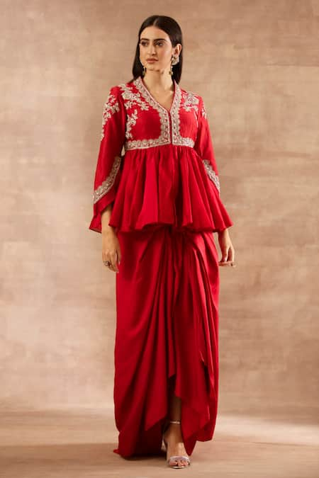 JAYANTI REDDY Embroidered Peplum Top And Draped Skirt Set 