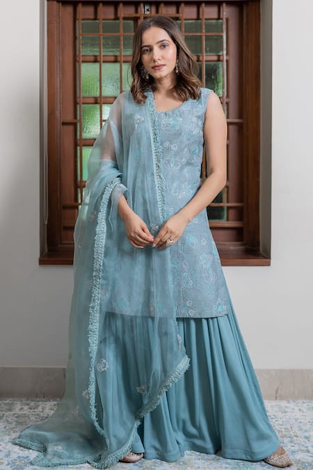 Maliha by Anar and Anoli Blue Chanderi Block Print And Hand Embroidered Floral Resham Kurta Sharara Set