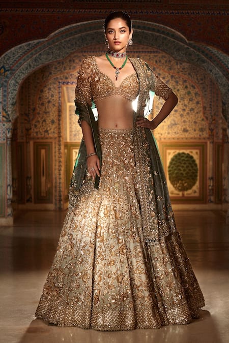 Seema Gujral Gold Organza Embroidered Zardozi Leaf Neck Bridal Lehenga Set 