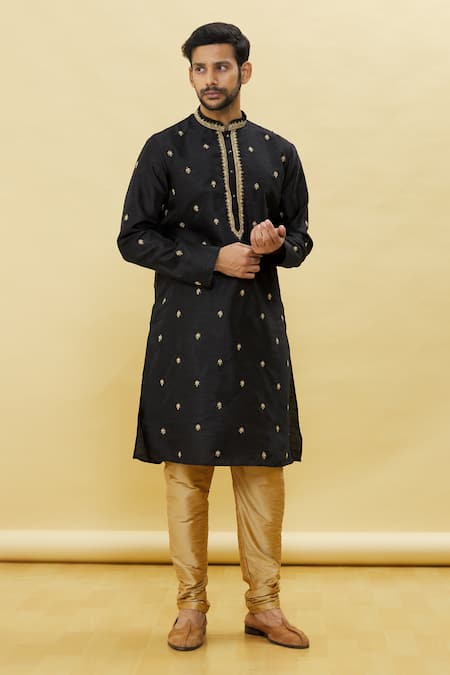 Arihant Rai Sinha Black Silk Embroidery Straight Floral Kurta And Churidar Set