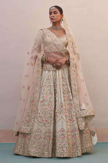 Angad Singh Ivory Raw Silk Embroidered Zardozi Plunge Neck Floral Bridal Lehenga Set