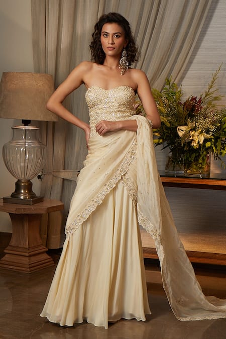 Kisneel by Pam Embroidered Pre-Draped Saree With Corset Top 