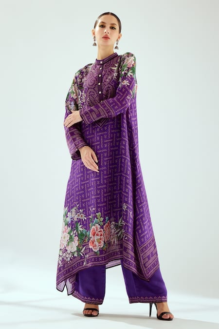 Rajdeep Ranawat Purple Silk Printed Floral Band Zeynep Long Tunic 