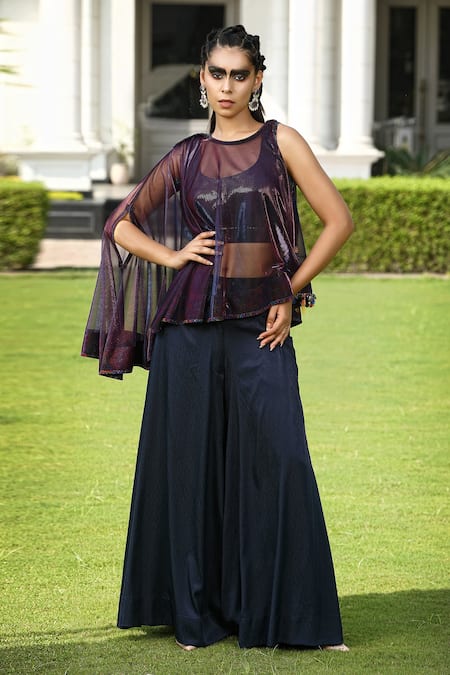 Shilpi Gupta Purple Cape Sheer Hand Embroidered And Embellished Sequin Asymmetric Trouser Set 