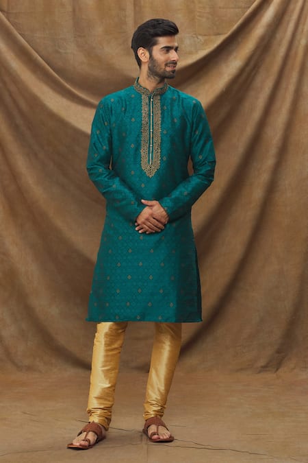 Samyukta Singhania Blue Kurta Jacquard Banarasi Brocade Botanical Pattern And Churidar Set 