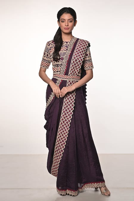 Soumodeep Dutta Purple Handloom Silk Embroidered Embellished Border Pre-draped Saree With Blouse 