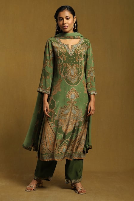 Ritu Kumar Green Kurta And Pant Rayon Crepe & Dupatta Viscose Chiffon Print Paisley Set 