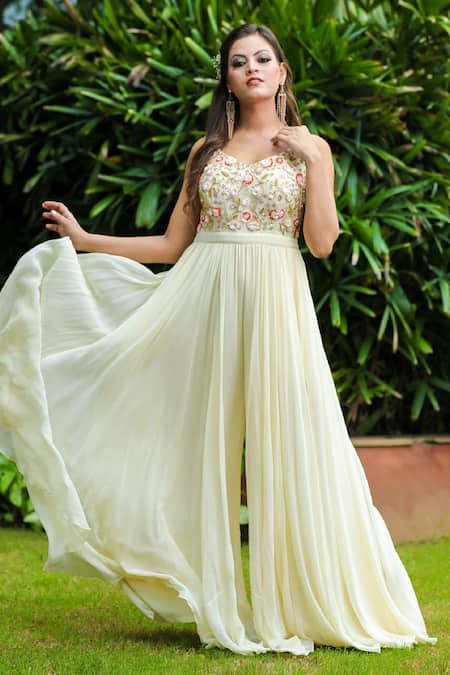 Kanj by Priyanka A Sakhuja Cream Georgette Embroidered Sequin And Cutdana Work Sweetheart Amber Jumpsuit