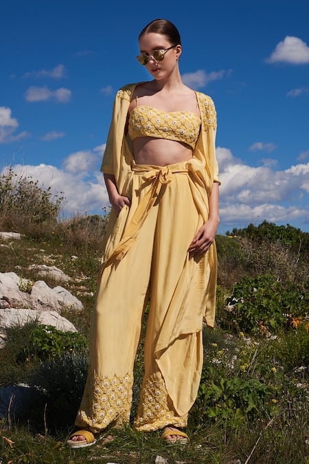 Shruti Sancheti Yellow Crepe Embroidery, Pearls Open , Sweetheart Kaftan Pant Set 