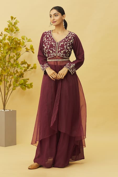 Samyukta Singhania Maroon Kurta  Dola Silk And Semi Organza Embroidered Floral V Neck & Palazzo Set 