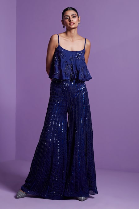 Parul Gandhi Blue Satin, Organza, Cotton Sequins, Crystals Eclipse Embroidered Pant With Top