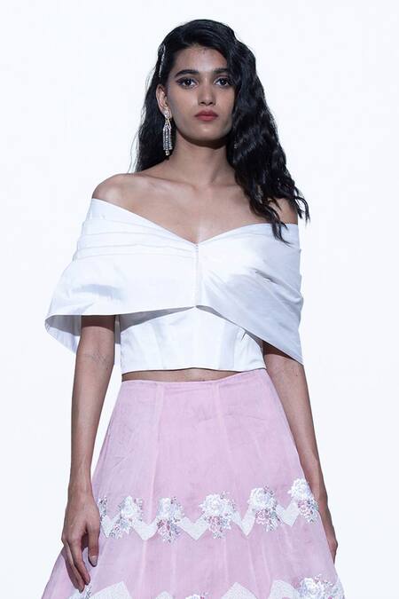 Shop Shriya Som White Taffeta One Shoulder Butterfly Draped Crop Top Online at Aza Fashions Shop_Shriya Som_White Taffeta One Shoulder Butterfly Draped Crop Top _Online_at_Aza_Fashions